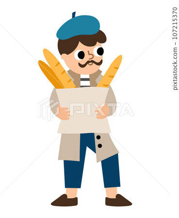 Man in beret with paper bag with baguettes.... - Stock Illustration ...