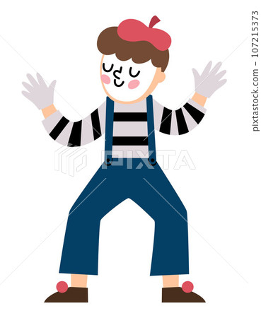 Mime in beret and stripy shirt performing a trick. Vector French clown illustration. Cute traditional character of France icon isolated on white background 107215373