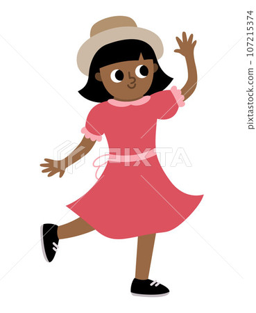 Dark skinned dancing girl in red dress and hat. Vector illustration of woman. Cute character icon isolated on white background 107215374