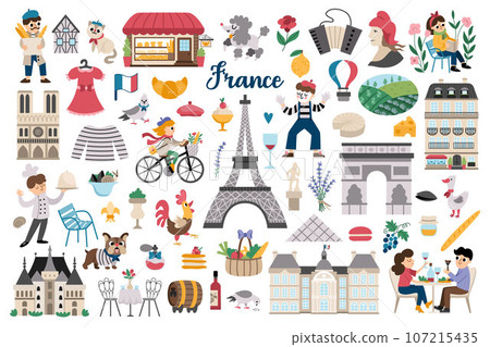 France symbols vector set. Big collection with French sights, food, Eiffel tower, people, baguette, croissant. Cute Paris icons with palaces, castle, mime, macaroon, bakery, Marianne 107215435