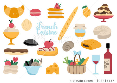 French food vector set. Collection with baguette, croissant, wine, eclair, cookie, cakes. Cute bakery of France icons with cheese, wine, basket, pies, mousse, macaroon 107215437