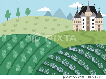 Vector French landscape with wine yard and lavender field. European farm illustration. Rural village scene with trees, castle, mountains. Cute nature background with meadow, garden Vector French landscape with wine yard and lavender field. European farm illustration. Rural village scene with trees, castle, mountains. Cute nature background with meadow, garden 107215445