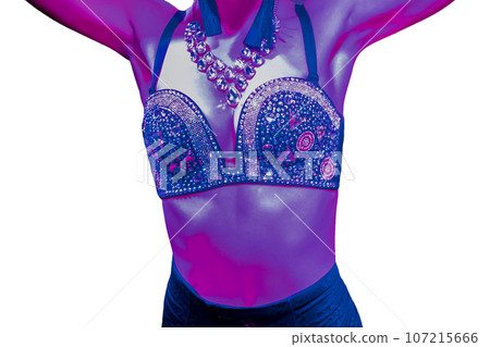 Female sexy body with decorative bust with stones, jewelry and neck jewelry, light erotica, nightlife, club, neon blue light on white isolated background Female sexy body with decorative bust with stones, jewelry and neck jewelry, light erotica, nightlife, club, neon blue light on white isolated background 107215666