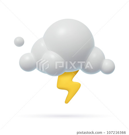 Cloud and thunder 3d weather icon. Realistic three dimensional illustration of storm with lightning. 107216366
