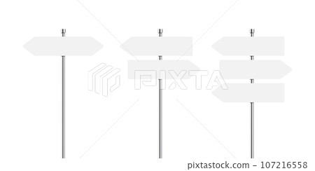 Signboard with metal pole. Direction sign post with arrow. Street road boards. Realistic signpost to choose road or street. . Vector illustration 107216558