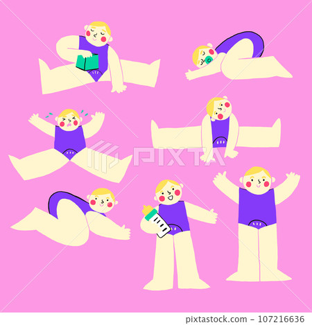 Cute baby character on a pink background. Child activity concept. Baby playing toy, baby sitting, baby sleep, child smiling, happy child. Vector illustration Cute baby character on a pink background. Child activity concept. Baby playing toy, baby sitting, baby sleep, child smiling, happy child. Vector illustration 107216636