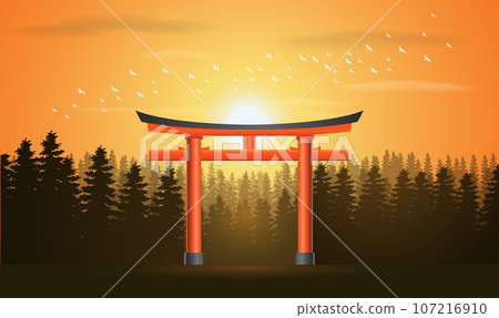 Torii gates,  beautiful scene with Sunset in japan, vector illustration 107216910