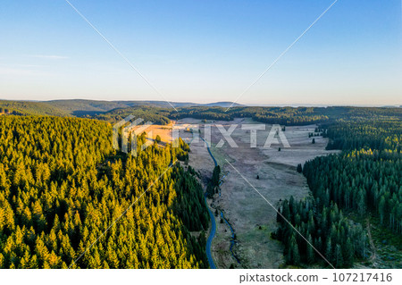 Coniferous forest at sunset from an aerial drone perspective. Valley landscape with an asphalt road and a stream in the Ore Mountains region, Czech Republic. Coniferous forest at sunset from an aerial drone perspective. Valley landscape with an asphalt road and a stream in the Ore Mountains region, Czech Republic. 107217416
