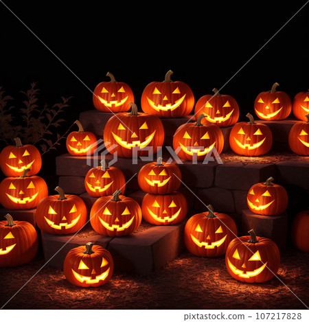 Halloween realistic Pumpkin background with spooky pumpkin jack o lantern in a dark moody forest 107217828