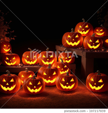Halloween realistic Pumpkin background with spooky pumpkin jack o lantern in a dark moody forest 107217839