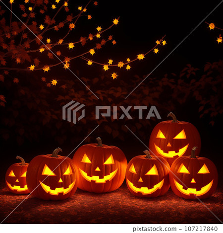 Halloween realistic Pumpkin background with spooky pumpkin jack o lantern in a dark moody forest 107217840