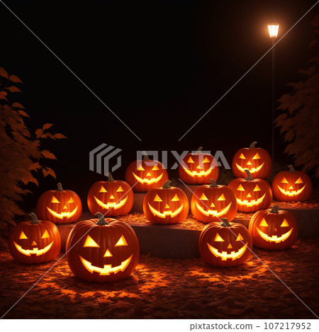 Halloween realistic Pumpkin background with spooky pumpkin jack o lantern in a dark moody forest 107217952