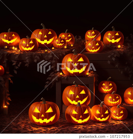 Halloween realistic Pumpkin background with spooky pumpkin jack o lantern in a dark moody forest Halloween realistic Pumpkin background with spooky pumpkin jack o lantern in a dark moody forest 107217953