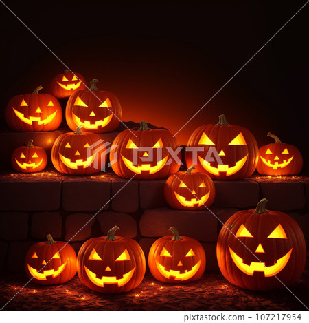 Halloween realistic Pumpkin background with spooky pumpkin jack o lantern in a dark moody forest 107217954