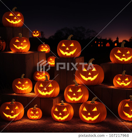 Halloween realistic Pumpkin background with spooky pumpkin jack o lantern in a dark moody forest 107217968