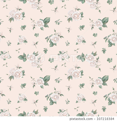 White roses seamless pattern. White roses arrangement. collection garden flowers, leaves. watercolor hand painting illustration on isolate background. For wedding invitations, anniversary 107218384