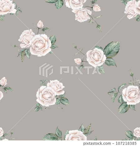 White roses seamless pattern. White roses arrangement. collection garden flowers, leaves. watercolor hand painting illustration on isolate background. For wedding invitations, anniversary 107218385