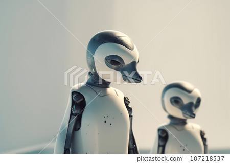 Baby robot penguin with mom on light background 107218537