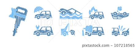 Car Insurance Icon with Blue Pen Drawn Auto Element Vector Set 107218565
