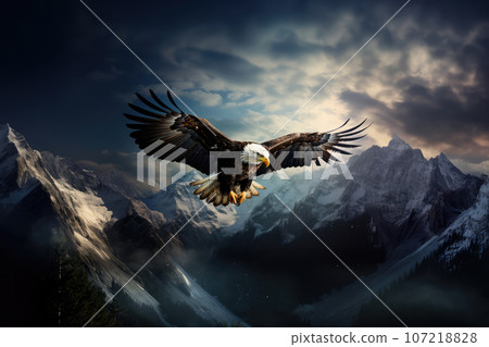 Eagle Soars High in the Crisp Sky, A Symbol of Cold Season's Majesty Eagle Soars High in the Crisp Sky, A Symbol of Cold Season's Majesty 107218828
