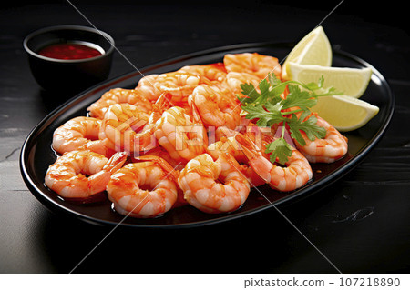 grilled shrimp with chopped parsley on black plate grilled shrimp with chopped parsley on black plate 107218890