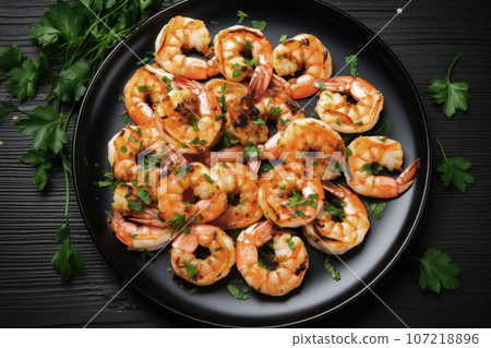 grilled shrimp with chopped parsley on plate and black wooden table grilled shrimp with chopped parsley on plate and black wooden table 107218896