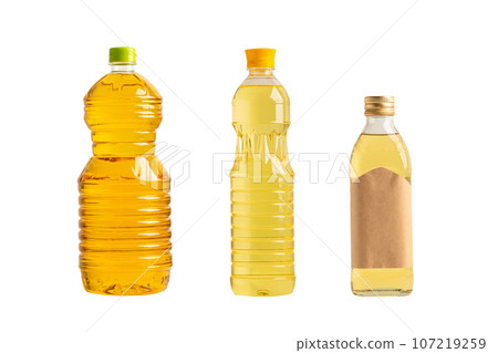 Vegetable oil with olive oil in different bottle for cooking isolated on white background. 107219259