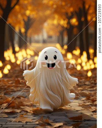 Cartoon ghost pyrotechnician walking in the autumn forest among burning leaves, AI Cartoon ghost pyrotechnician walking in the autumn forest among burning leaves, AI 107219393