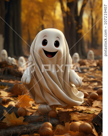 Happy cartoon ghost walking in the autumn forest or park among yellow leaves, AI 107219407
