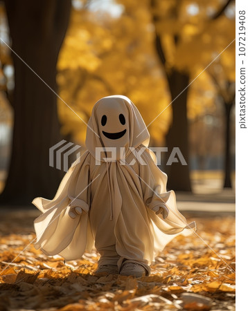 Happy cartoon ghost walking in the autumn forest or park among yellow leaves, AI Happy cartoon ghost walking in the autumn forest or park among yellow leaves, AI 107219408