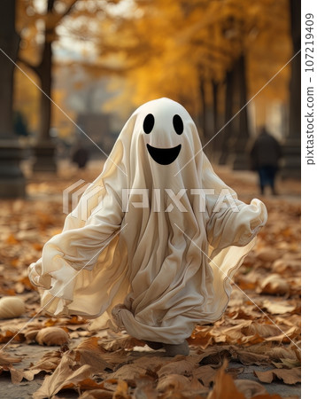 Happy cartoon ghost walking in the autumn forest or park among yellow leaves, AI Happy cartoon ghost walking in the autumn forest or park among yellow leaves, AI 107219409