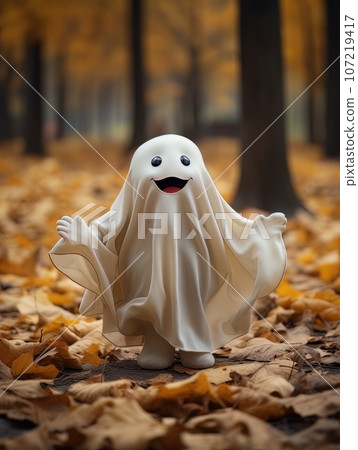 Happy cartoon ghost walking in the autumn forest or park among yellow leaves, AI Happy cartoon ghost walking in the autumn forest or park among yellow leaves, AI 107219417