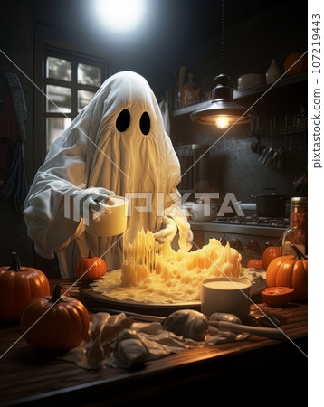 Creepy cartoon ghost preparing a pumpkin dish in the kitchen for Halloween, AI Creepy cartoon ghost preparing a pumpkin dish in the kitchen for Halloween, AI 107219443