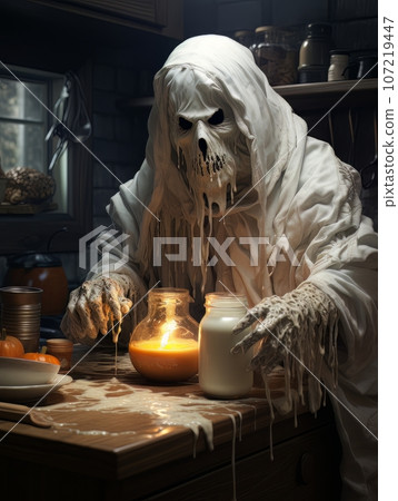 Creepy cartoon ghost preparing a pumpkin dish in the kitchen for Halloween, AI 107219447