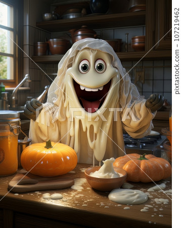 Cartoon ghost preparing a pumpkin dish in the kitchen for Halloween, AI 107219462