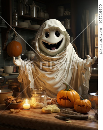 Cartoon ghost preparing a pumpkin dish in the kitchen for Halloween, AI 107219490