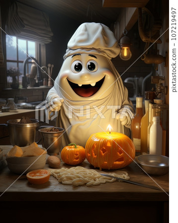 Cartoon ghost preparing a pumpkin dish in the kitchen for Halloween, AI 107219497