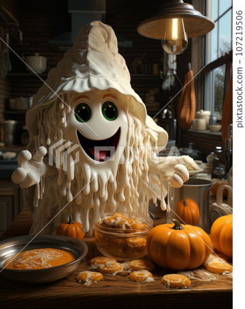 Cartoon ghost preparing a pumpkin dish in the kitchen for Halloween, AI Cartoon ghost preparing a pumpkin dish in the kitchen for Halloween, AI 107219506