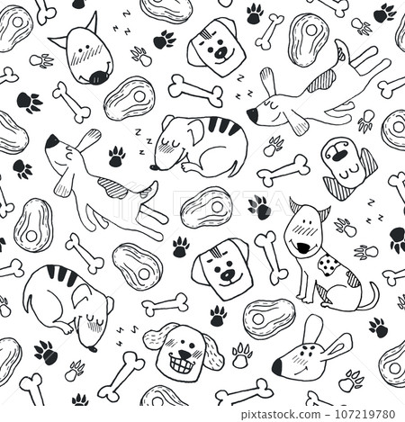 Funny seamless pattern with hand drawn doodle dogs, paw prints and bones. Vector animal character in black and white 107219780