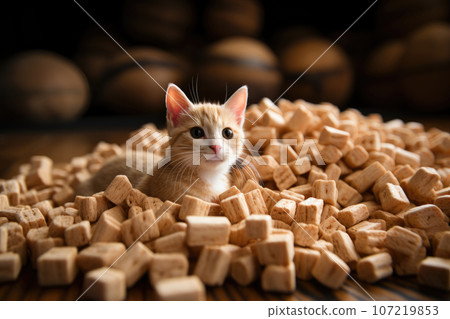 An adorable kitten sitting amidst pieces of tofu-based cat litter. This cute scene captures the charm of a playful feline exploring its eco-friendly litter. The image promotes a sustainable and pet 107219853
