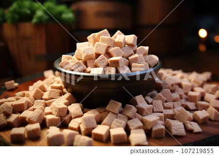 A cat litter made from tofu, an eco-friendly choice. The tofu litter, in a neat container, an ideal solution for cat owners seeking sustainable alternatives. The concept represents conscious pet care A cat litter made from tofu, an eco-friendly choice. The tofu litter, in a neat container, an ideal solution for cat owners seeking sustainable alternatives. The concept represents conscious pet care 107219855
