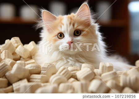 An adorable kitten sitting amidst pieces of tofu-based cat litter. This cute scene captures the charm of a playful feline exploring its eco-friendly litter. The image promotes a sustainable and pet An adorable kitten sitting amidst pieces of tofu-based cat litter. This cute scene captures the charm of a playful feline exploring its eco-friendly litter. The image promotes a sustainable and pet 107219856
