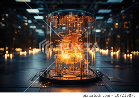 A big quantum computer glowing with orange light. A big quantum computer glowing with orange light. 107219873