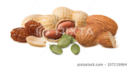 Peanuts, raisins, almonds and pumpkin seeds isolated on white background. Peanuts, raisins, almonds and pumpkin seeds isolated on white background. 107219964