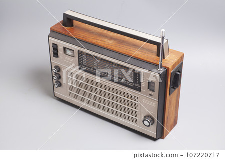 Vintage transistor radio isolated on white. English translation Vintage transistor radio isolated on white. English translation 107220717