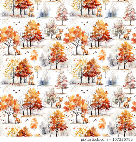Watercolor seamless pattern with foxes in autumn forest. 107220792