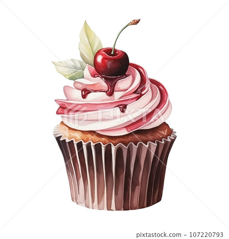 Watercolor chocolate cupcake with cherry isolated on white background. 107220793