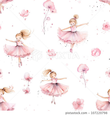 Seamless pattern with cute little girls ballerinas and flowers isolated on white background. Seamless pattern with cute little girls ballerinas and flowers isolated on white background. 107220798