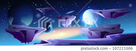 Astronaut at space background banner in flat cartoon design. Cosmos fantasy poster with spaceman in spacesuit walking at cosmic surface with mountains and purple planet view. Vector illustration Astronaut at space background banner in flat cartoon design. Cosmos fantasy poster with spaceman in spacesuit walking at cosmic surface with mountains and purple planet view. Vector illustration 107221006