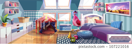 Child bedroom background banner in flat cartoon design. Cozy boys room with mansard windows, bed and nightstand, bookshelves, desk, chair, play tent, toys. Home interior poster. Vector illustration 107221016